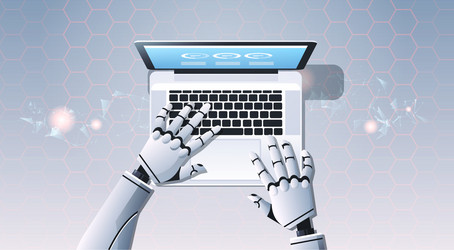 robot hands using laptop computer typing top angle vector