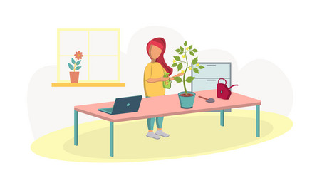 girl sprays plants at home growing flowers vector