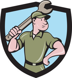 mechanic wielding spanner crest cartoon Vector Image