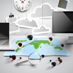 world map in 3d with office tools cloudy vector image