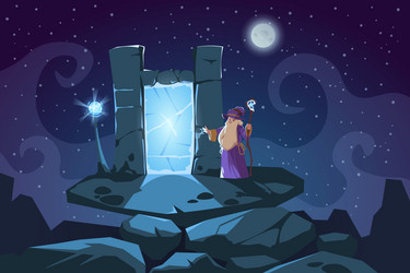 wizard and portal scene cartoon fantasy vector