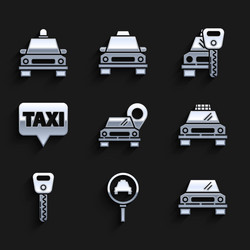 set map pointer with taxi magnifying glass vector image