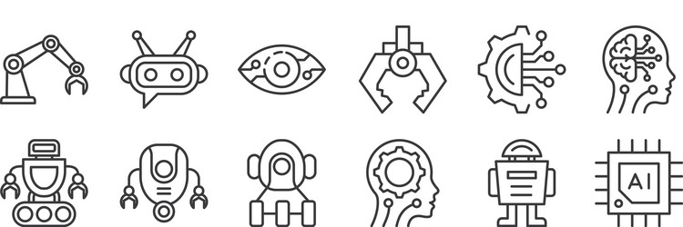 12 set linear robotics icons thin outline vector