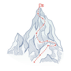 Mountain climbing route to top rock with red flag vector