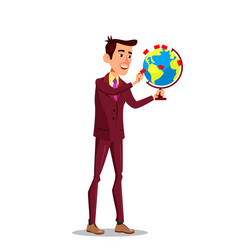 businessman with a globe and pointer mark flag vector image