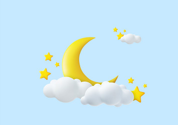 Crescent moon golden stars and white clouds vector