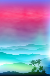 Background with palm tree and mountains in the fog vector