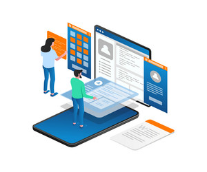concept of isometric team is designing a website vector image