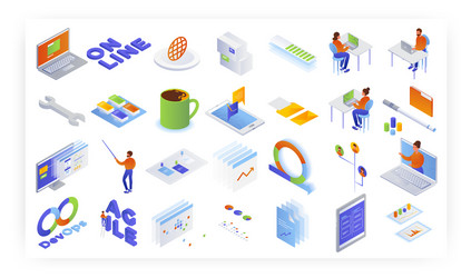 isometric devops icon set isolated vector