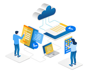 concept of isometric team maintaining smartphone vector