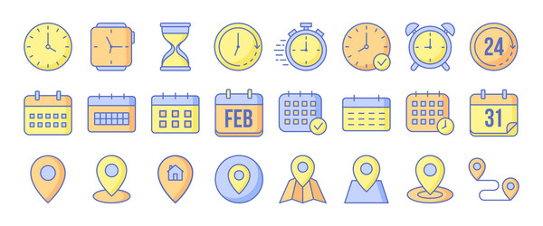 clocks calendars and map location icon set vector image