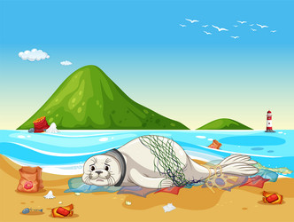 scene with seal and plastic trash on beach vector