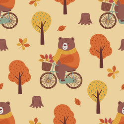 seamless pattern with cute autumn bear on bicycle vector image