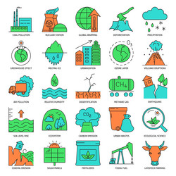 global warming icon set in colored line style vector