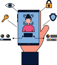 hand with cellphone face scan biometric technology vector image