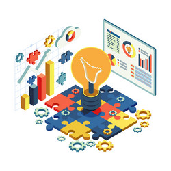 isometric lightbulb and puzzle pieces symbolizing vector image