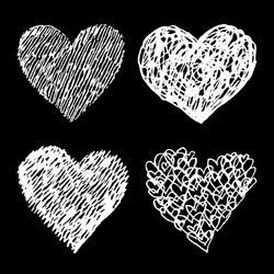 white sketched hearts set on black background vector