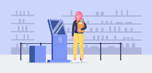 woman using self-service cashier kiosk vector