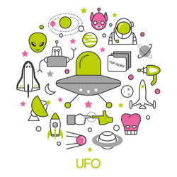 ufo and space thin line icons set with aliens vector image
