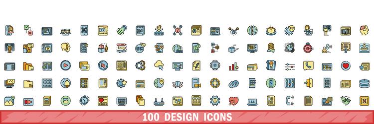 100 design icons set color line style vector image