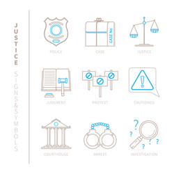 set of justice icons and concepts in mono thin vector image