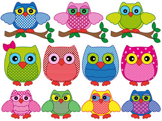 set of eleven ornamental cartoon owls vector