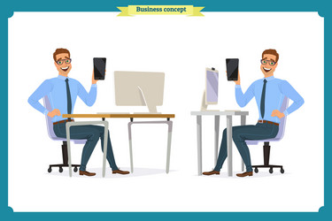 Male office worker poses sitting at computer vector