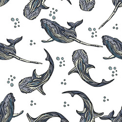 Seamless pattern with whales and bubbles vector