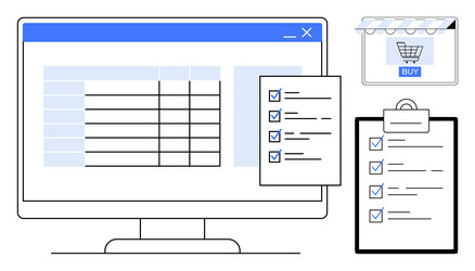 online shopping cart with checklist and computer vector image
