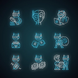 internet bots neon light icons set hacker voice vector