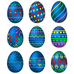 A set of blue easter eggs with patterns vector