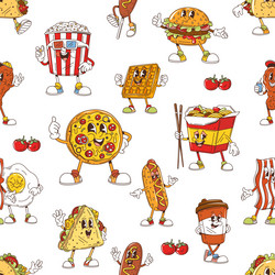 groovy fast food characters seamless tile pattern vector image