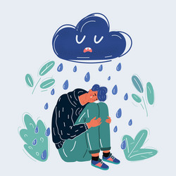 cry man under rainy cloud vector