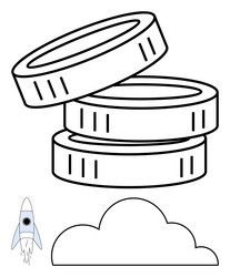 stacked coins with rocket and cloud representing vector image