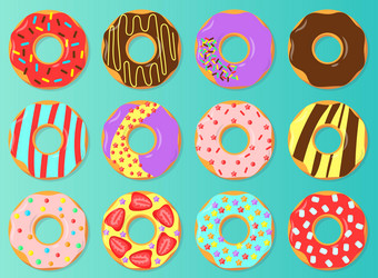 Colourful glazed donuts flat set Royalty Free Vector Image