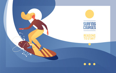 Young woman on surfing board wave concept vector