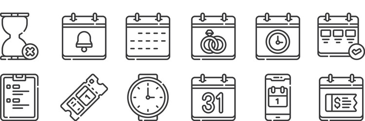 12 set linear calendar and date icons thin vector