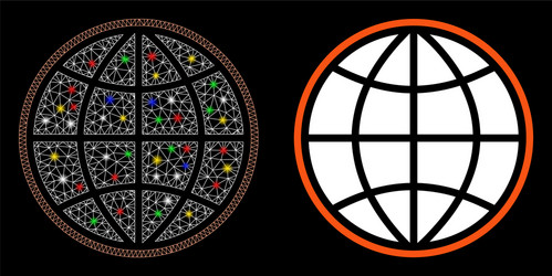 bright mesh wire frame globe icon with flash spots vector image
