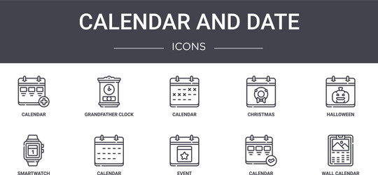 calendar and date concept line icons set contains vector image