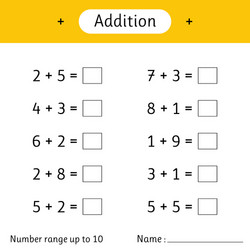 addition number range up to 10 math worksheet vector image