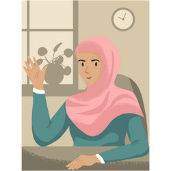 Woman at table waving hand gesturing hello Vector Image