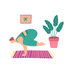 Cartoon color character woman home yoga position vector