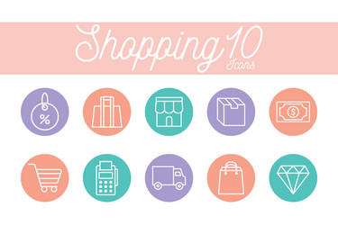 10 shopping line and block style icon set vector