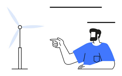 guy pointing at wind turbine - emphasizing vector image