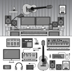 musician workspace with musical instruments sound vector