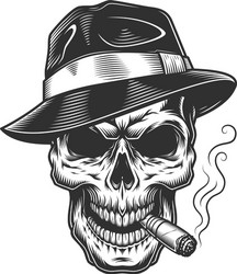 Vintage Skull with Hat and Cigarette Vector Image