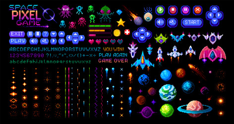 arcade space 8 bit pixel art game asset set vector image