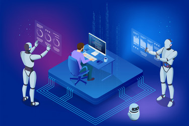 isometric ai-powered robot ensuring information vector image