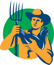 Organic farmer pitchfork chicken retro vector