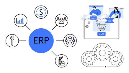erp system overview with icons representing vector image